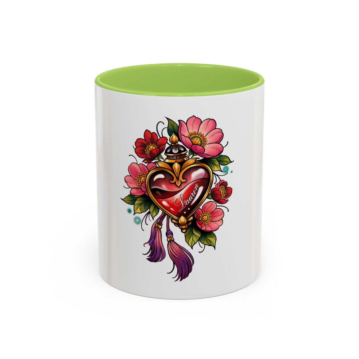 Heart Locket Floral Accent Coffee Mug — Vintage Tattoo Style 11/15oz