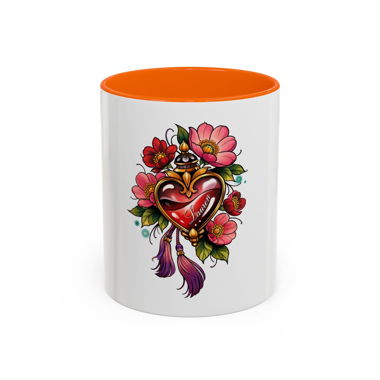 Heart Locket Floral Accent Coffee Mug — Vintage Tattoo Style 11/15oz