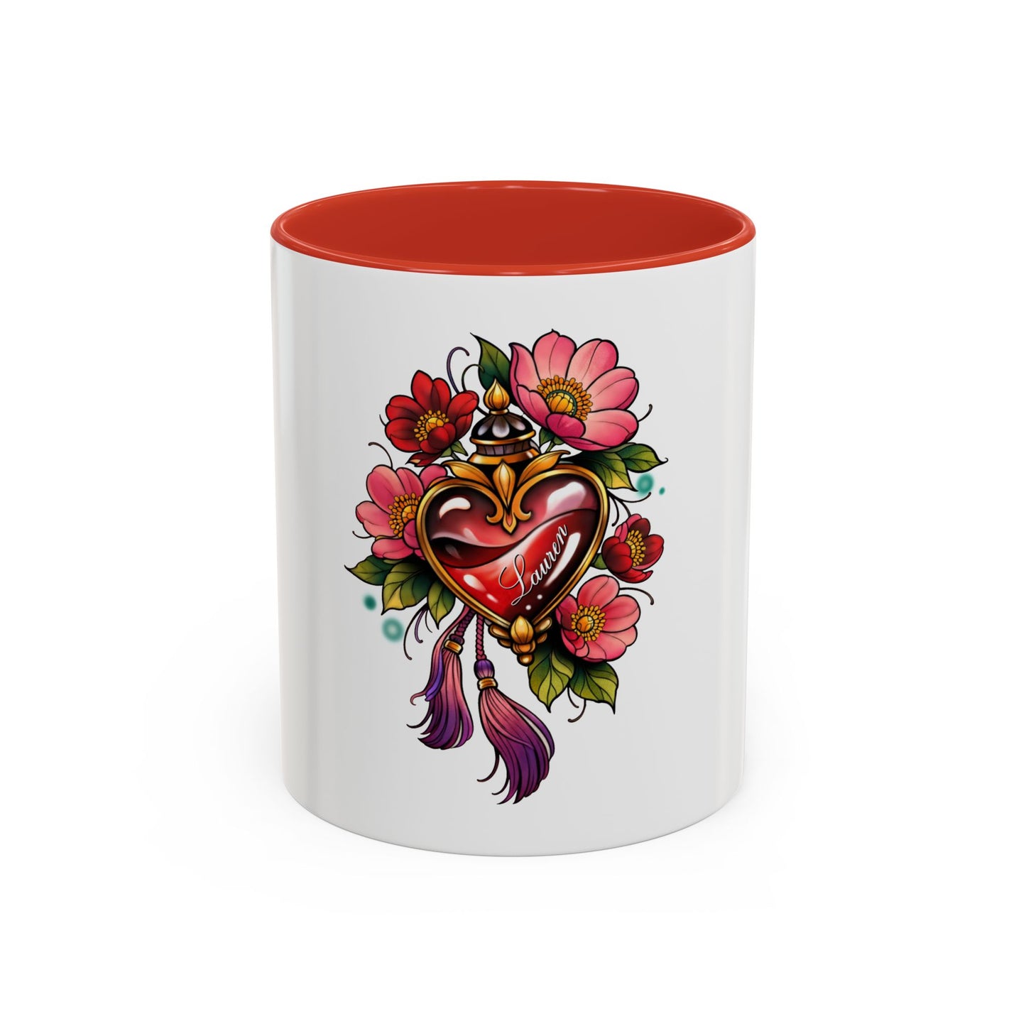 Heart Locket Floral Accent Coffee Mug — Vintage Tattoo Style 11/15oz