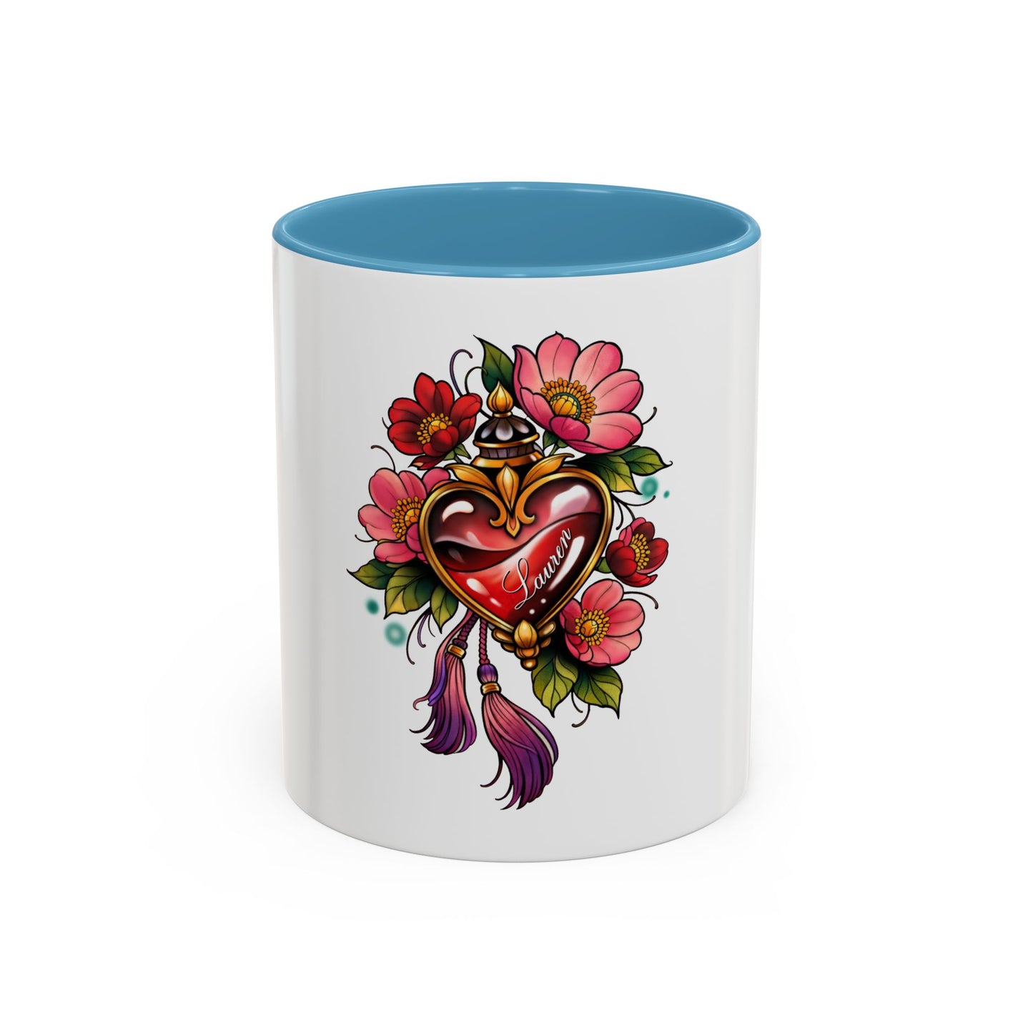 Heart Locket Floral Accent Coffee Mug — Vintage Tattoo Style 11/15oz