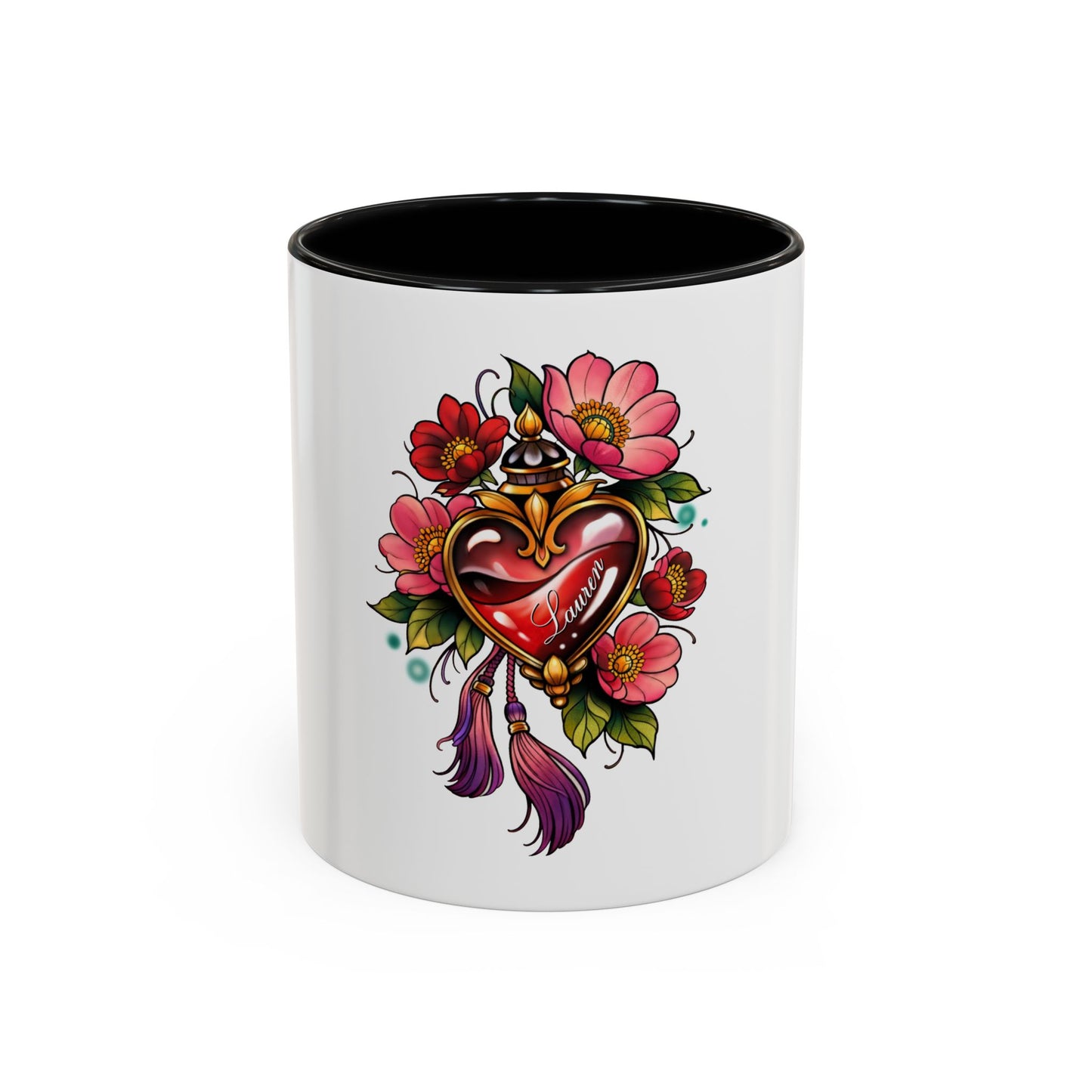 Heart Locket Floral Accent Coffee Mug — Vintage Tattoo Style 11/15oz