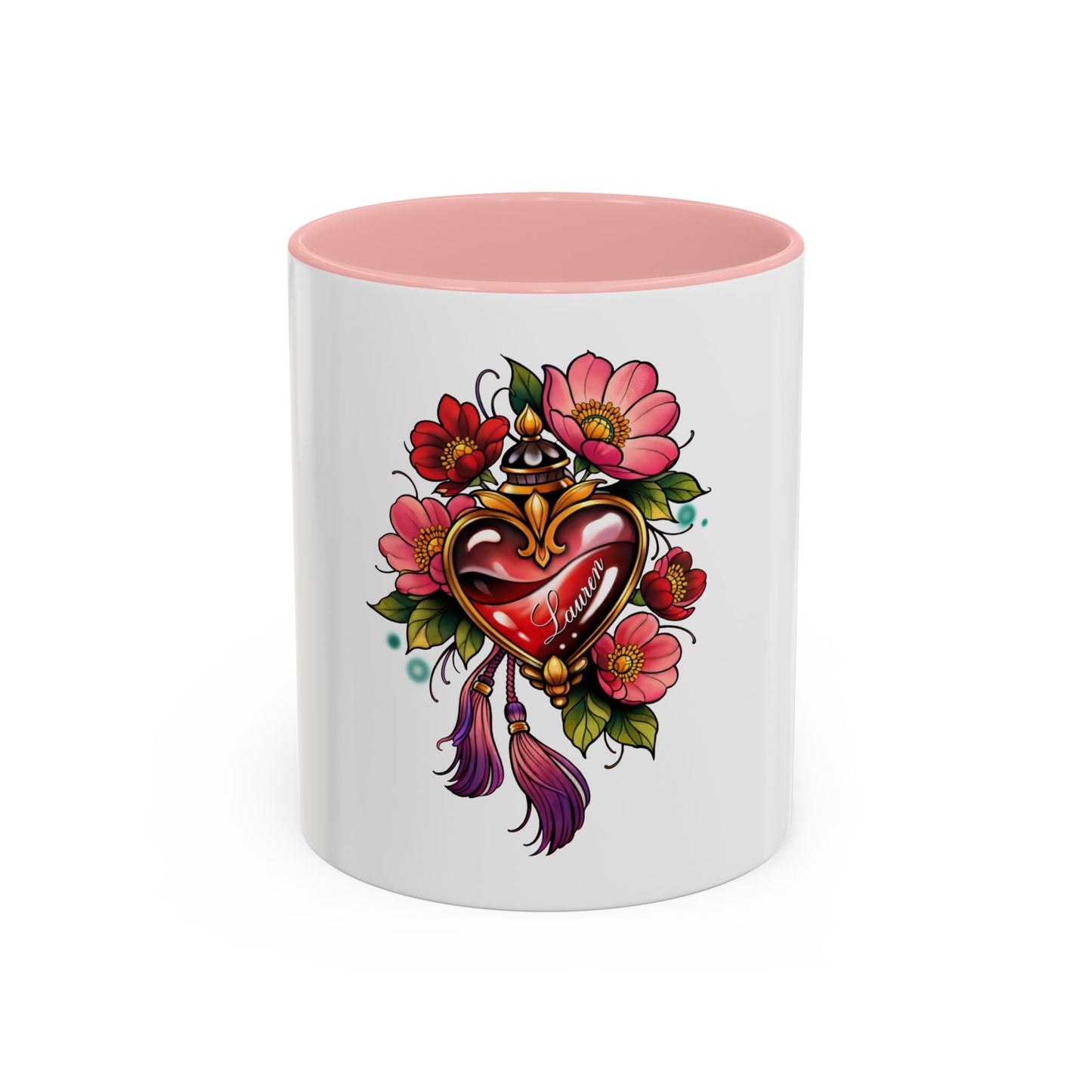 Heart Locket Floral Accent Coffee Mug — Vintage Tattoo Style 11/15oz